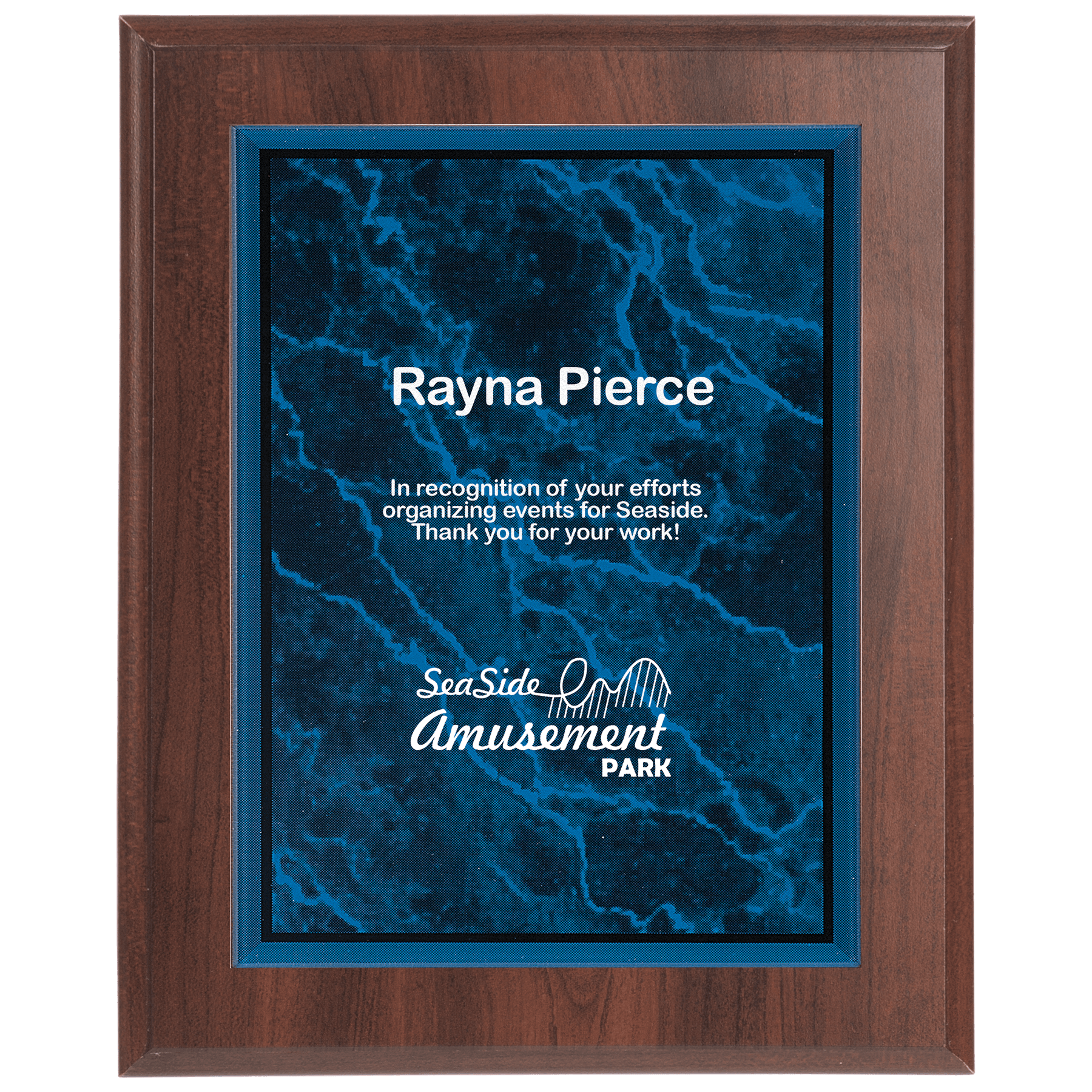 Small Cherry Finish Plaque with Blue Marble Acrylic Plaque Plate