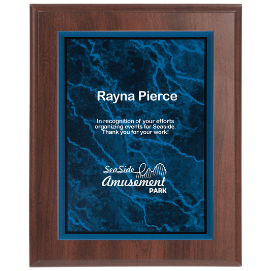 Small Cherry Finish Plaque with Blue Marble Acrylic Plaque Plate