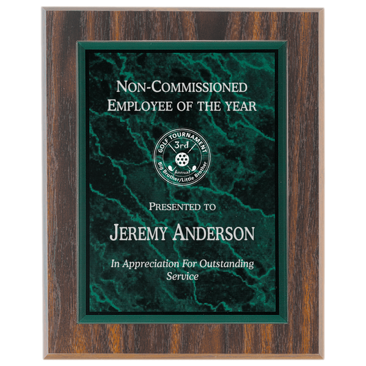 Small Walnut Finish Plaque with Green Marble Acrylic Plaque Plate