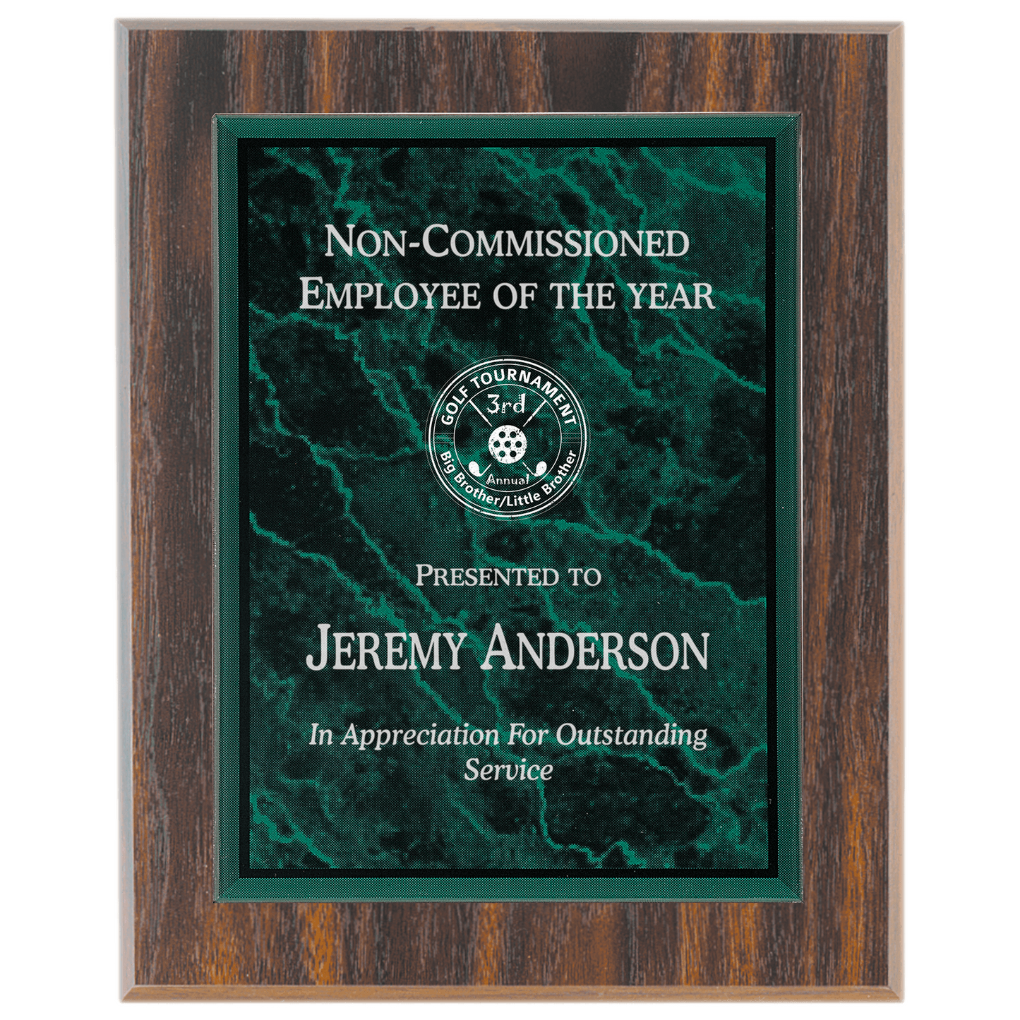 Medium Walnut Finish Plaque with Green Marble Acrylic Plaque Plate