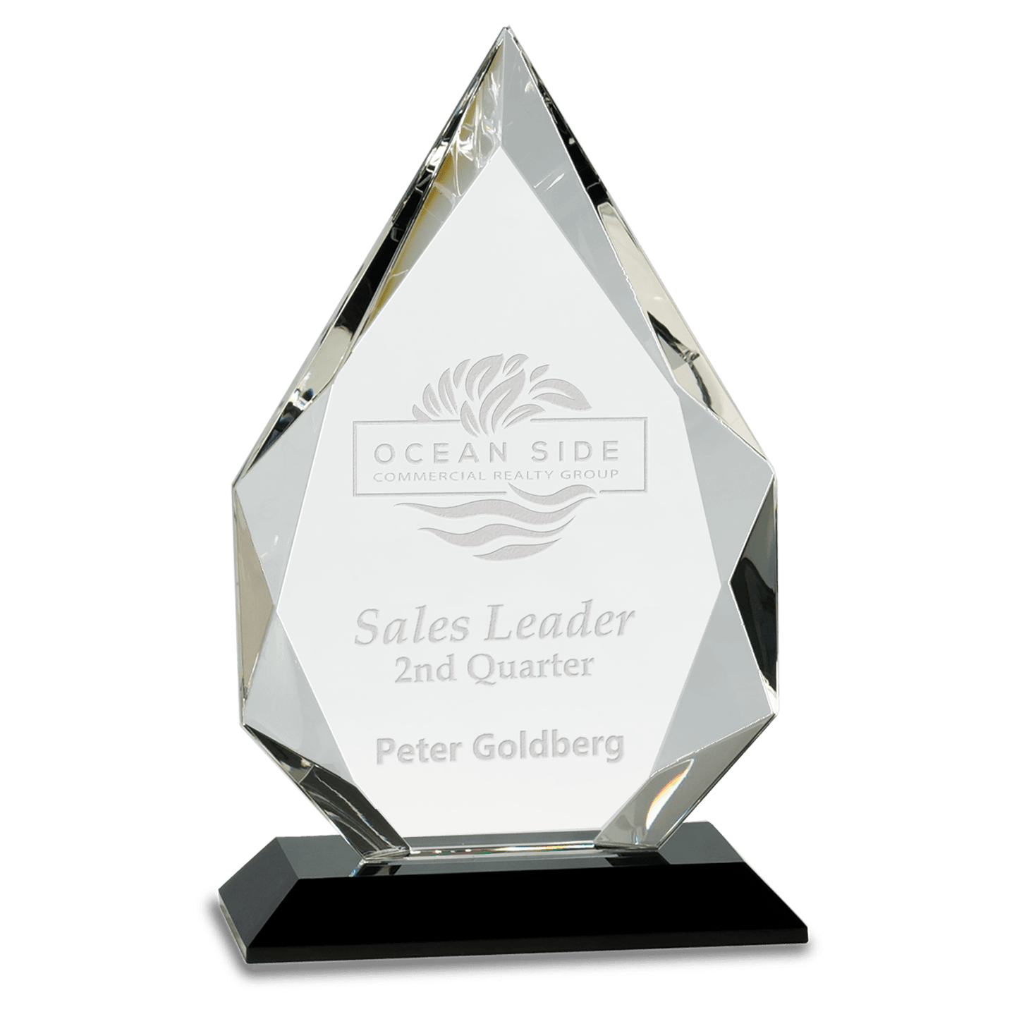8" Diamond Crystal on Black Pedestal Base — engravable optical crystal award