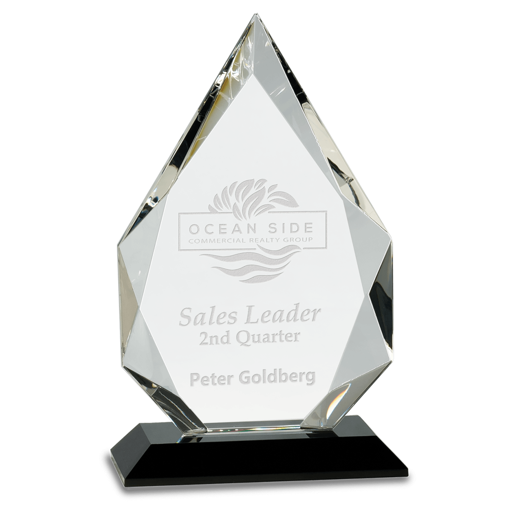 8" Diamond Crystal on Black Pedestal Base — engravable optical crystal award