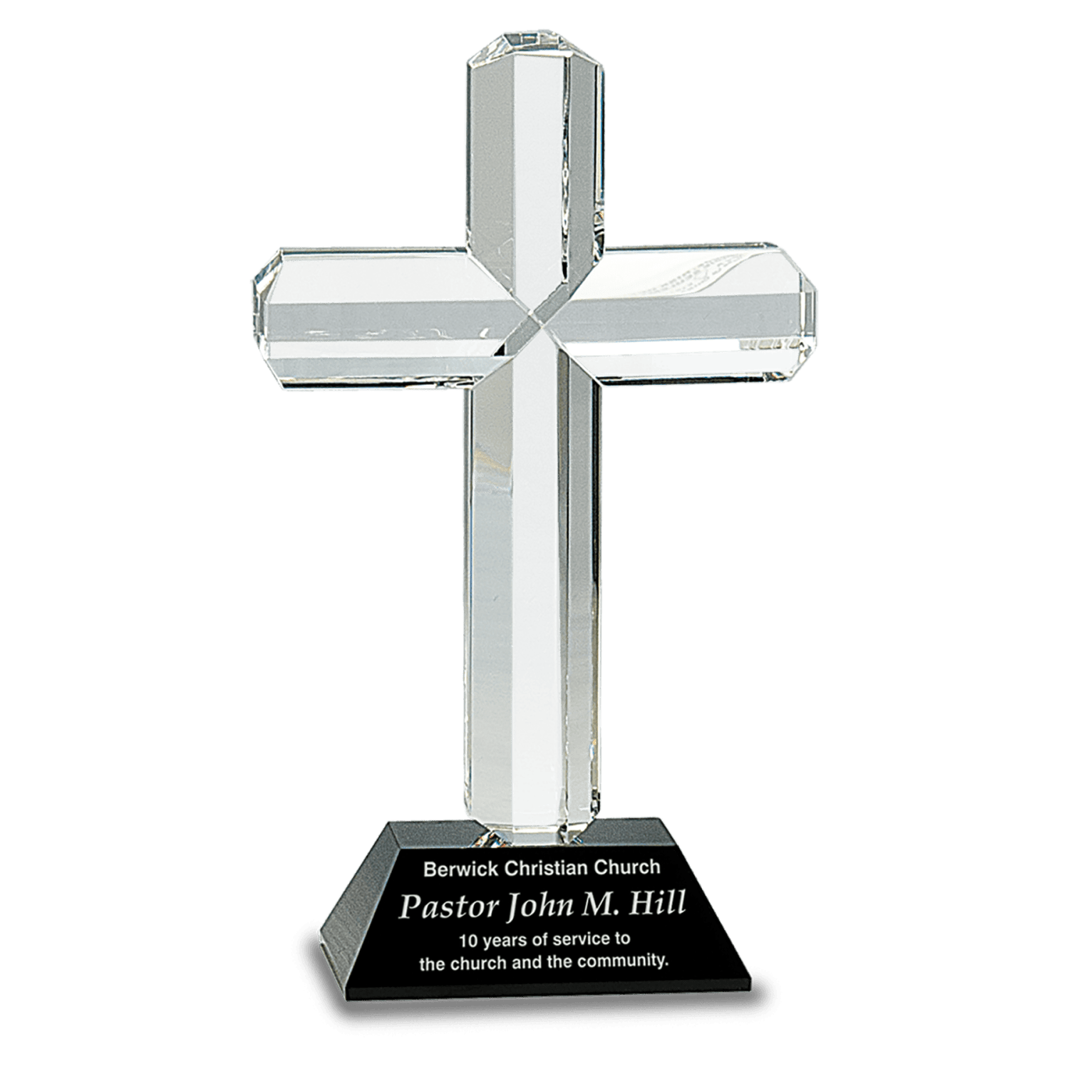 Crystal cross award on black pedestal base, 8.5 inches tall