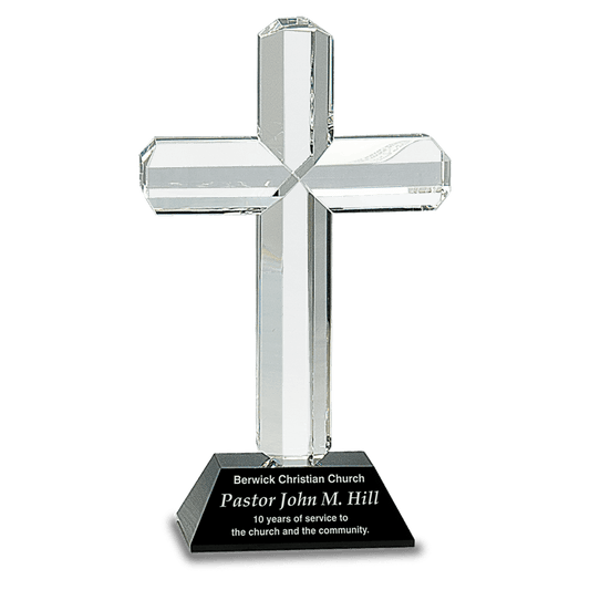 Crystal cross award on black pedestal base, 8.5 inches tall