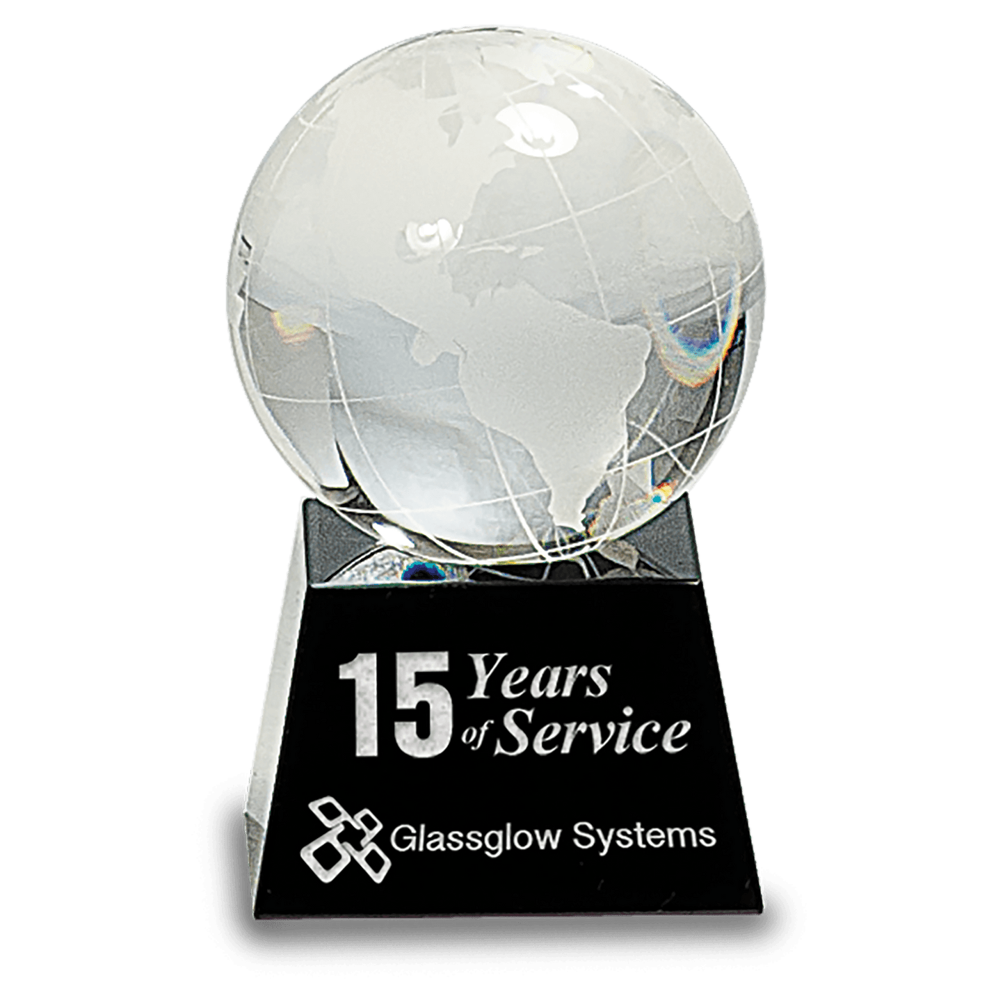 3 inch crystal globe award with frosted continents on black crystal base