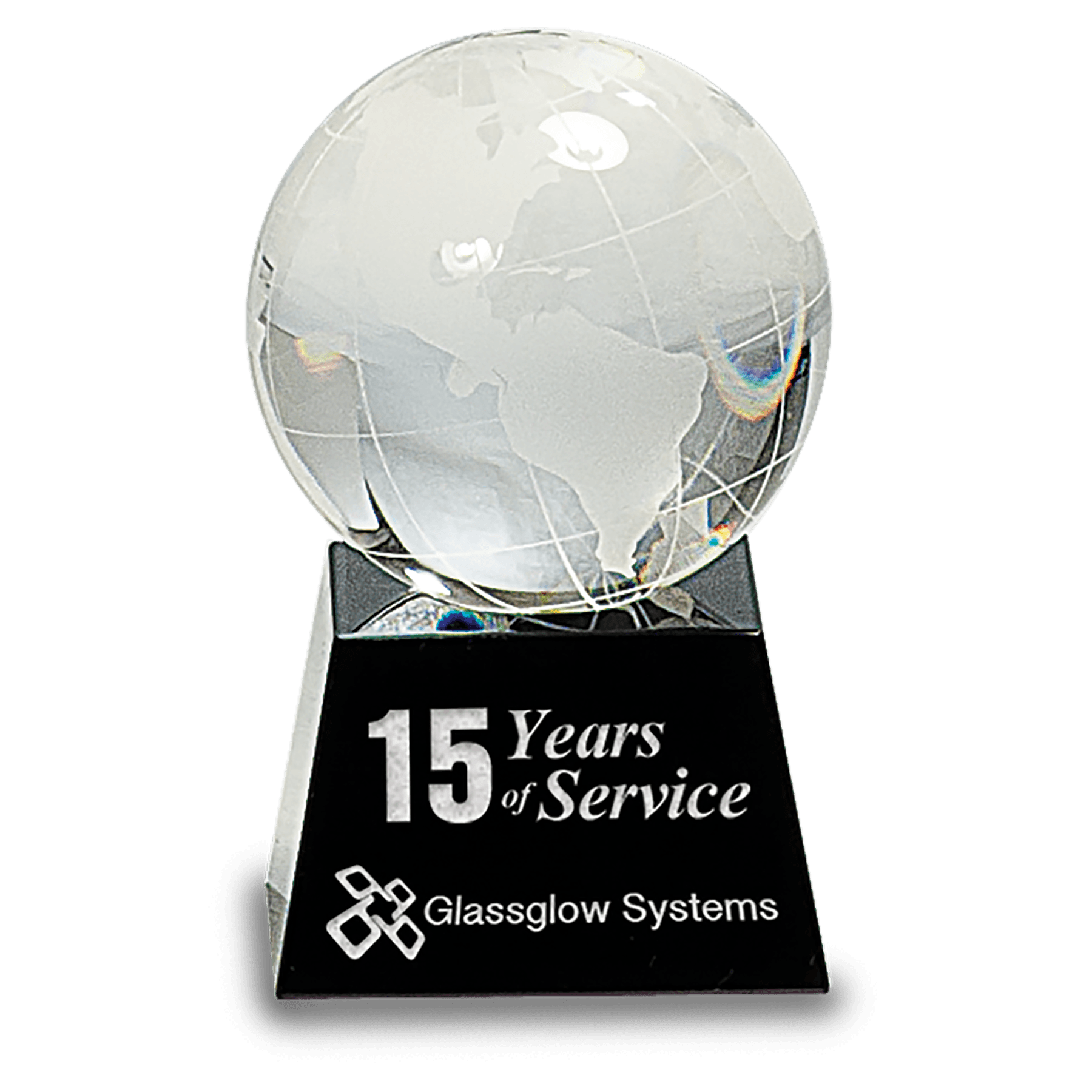 3 inch crystal globe award with frosted continents on black crystal base