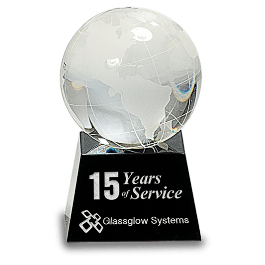 3 inch crystal globe award with frosted continents on black crystal base