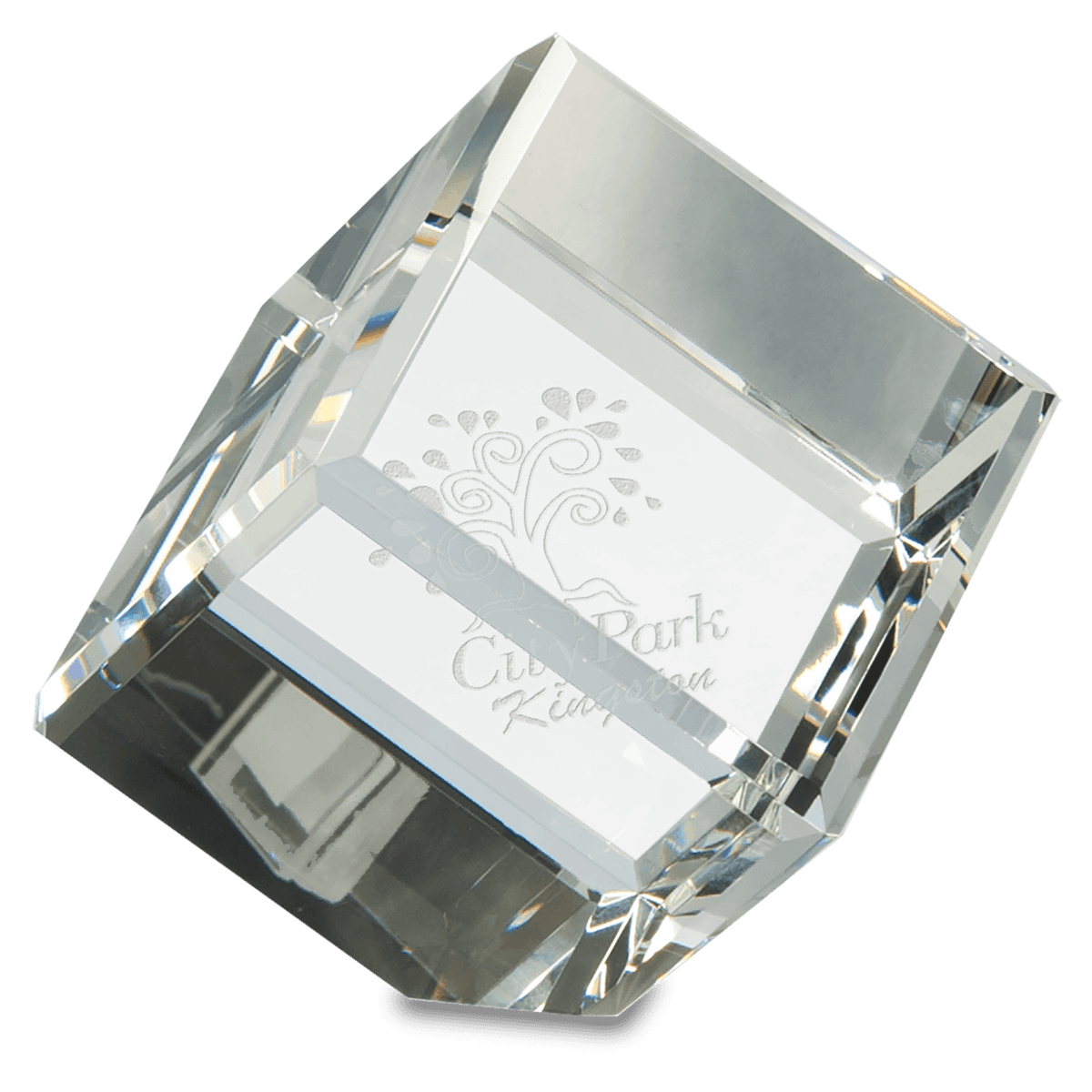 Personalized 3 inch optic crystal cube paperweight with beveled edges