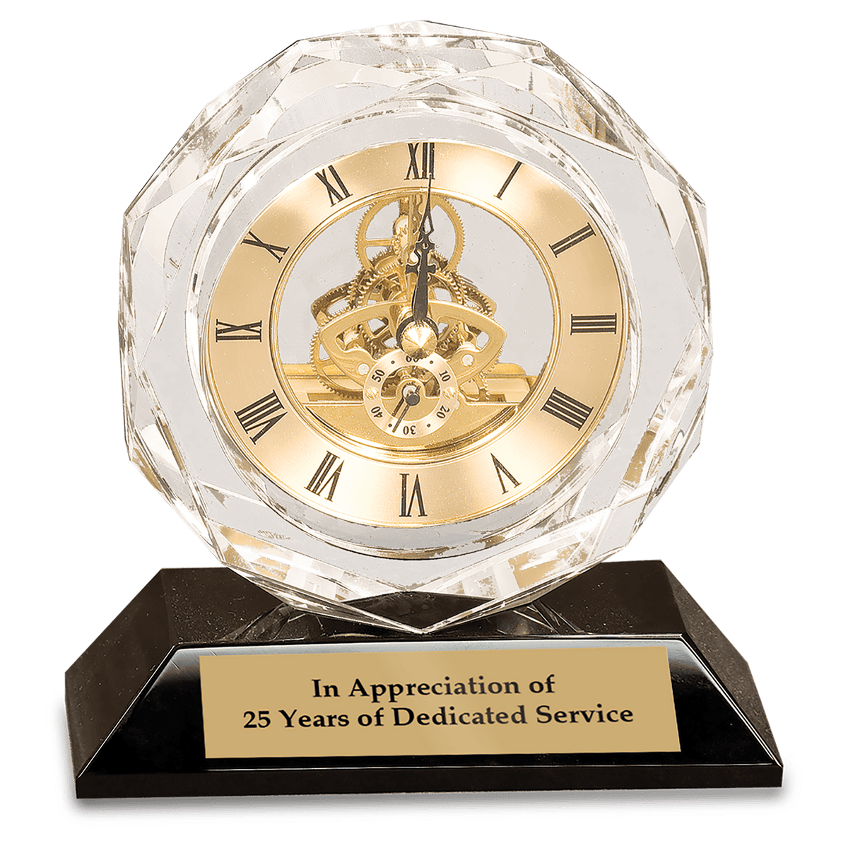 Personalized clear crystal clock on black pedestal base