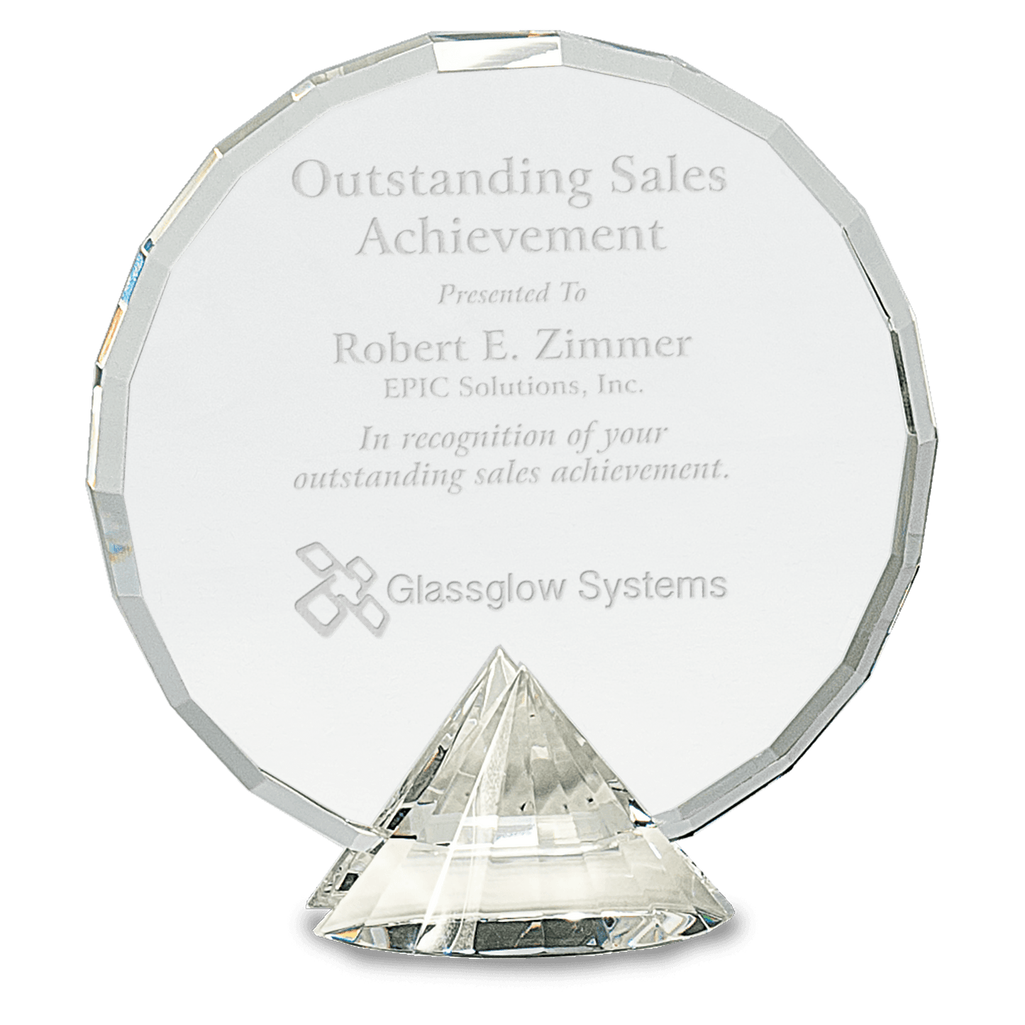 6 1/2" Clear Round Crystal on Clear Diamond Base — engravable optical crystal award