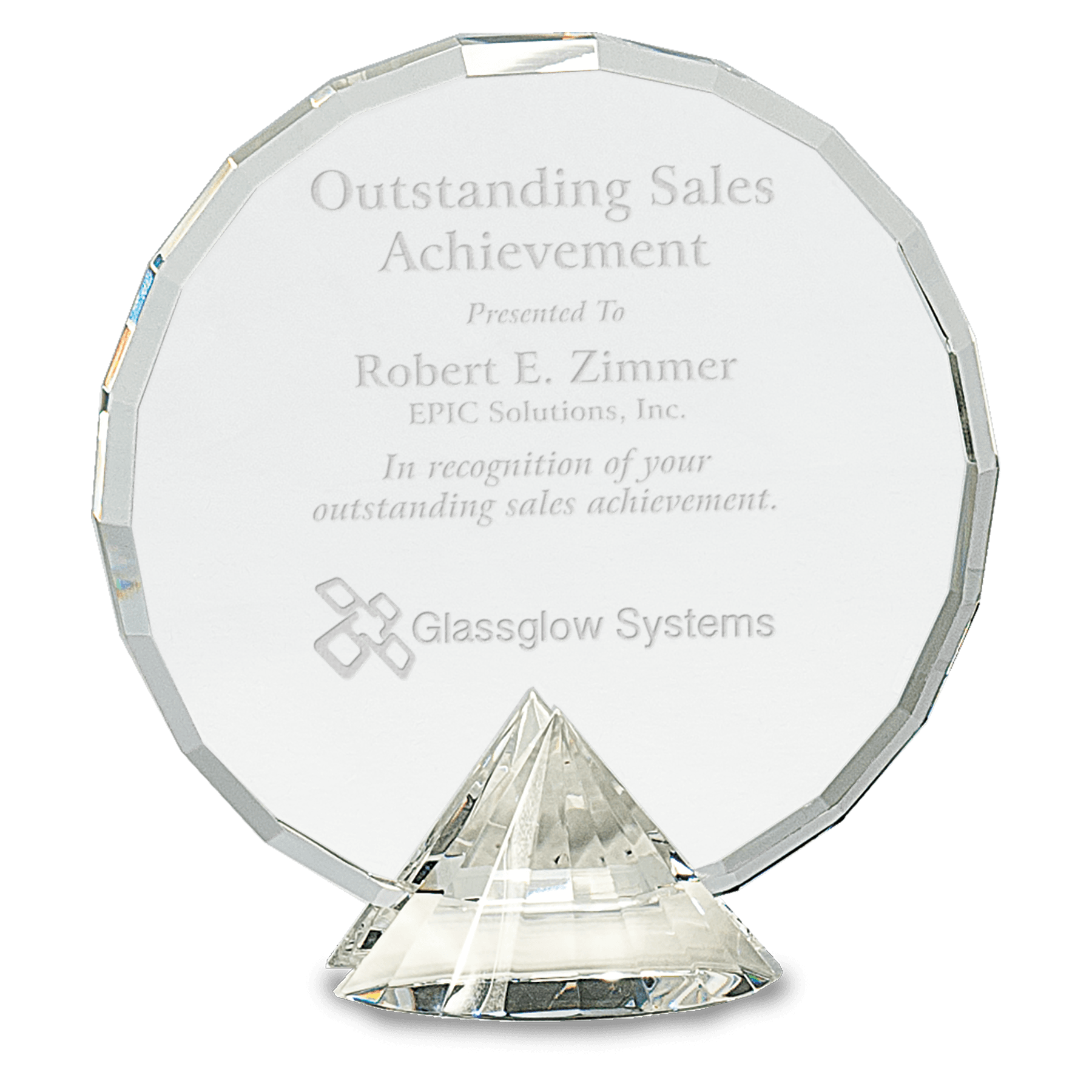 6 1/2" Clear Round Crystal on Clear Diamond Base — engravable optical crystal award