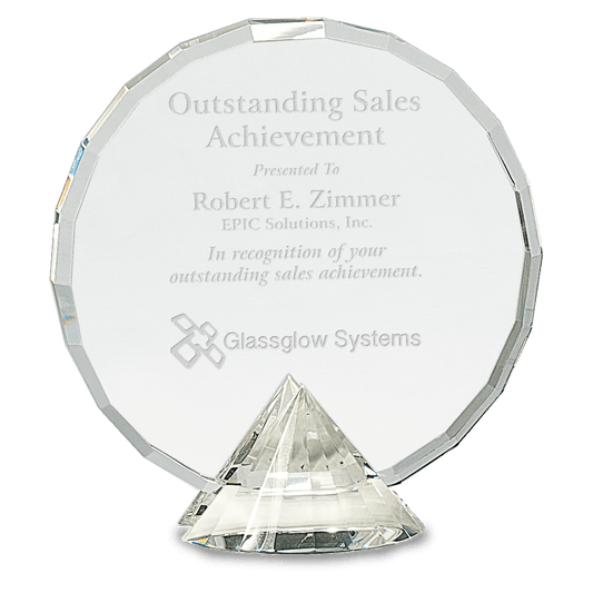 6 1/2" Clear Round Crystal on Clear Diamond Base — engravable optical crystal award