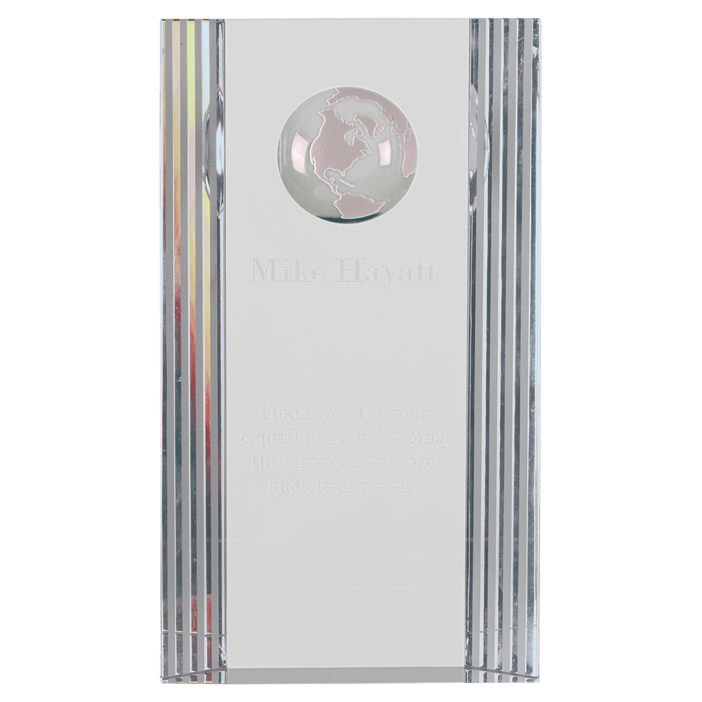 7.75 inch clear crystal rectangle award with etched globe and decorative lines