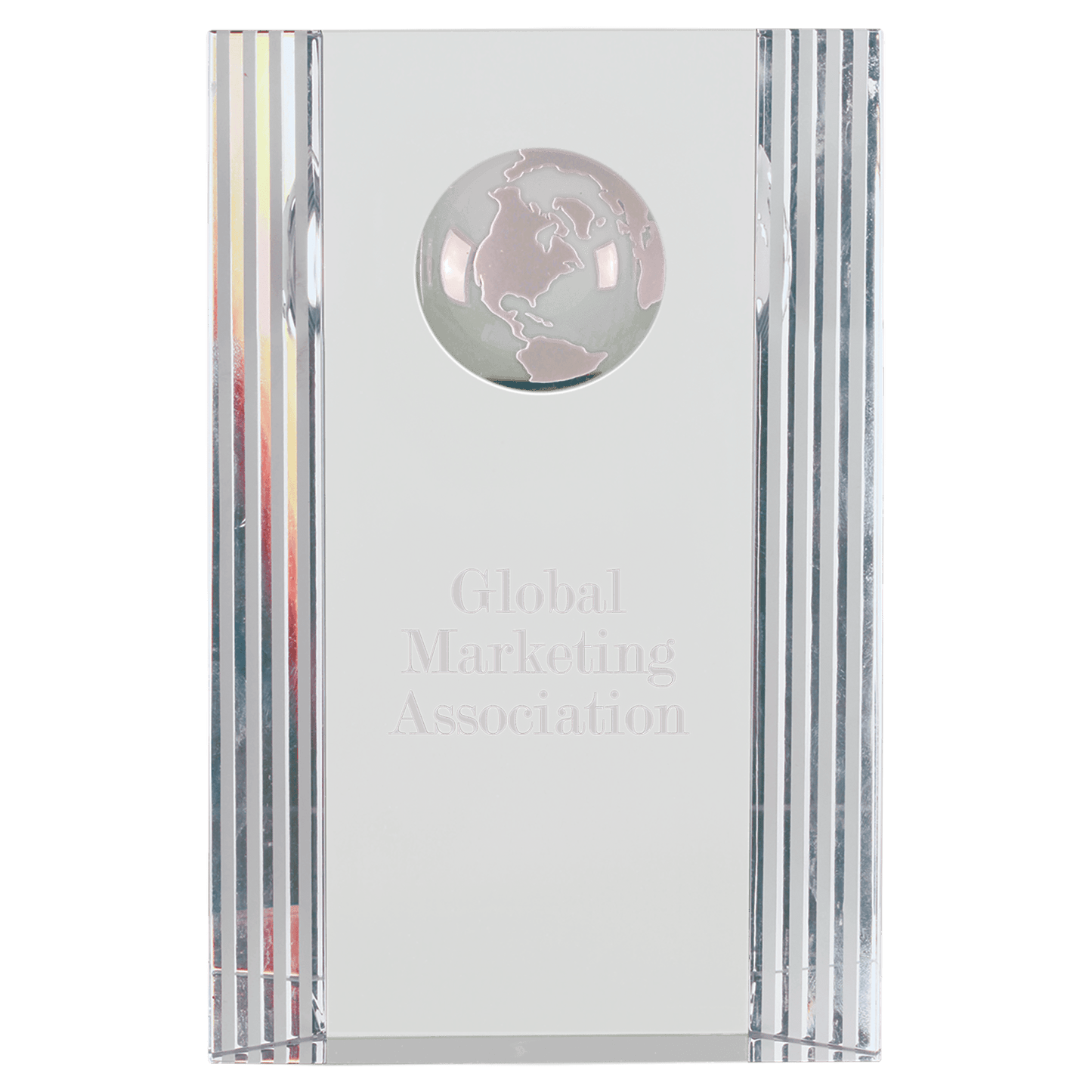 6.5 inch clear crystal rectangle award with etched globe and decorative lines