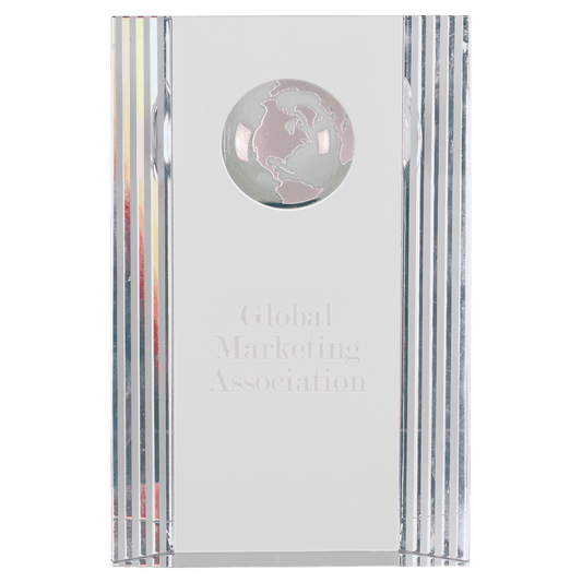 6.5 inch clear crystal rectangle award with etched globe and decorative lines