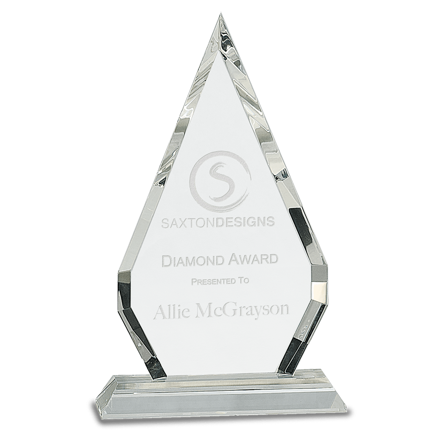 10" Crystal Diamond on Clear Pedestal Base — engravable optical crystal award
