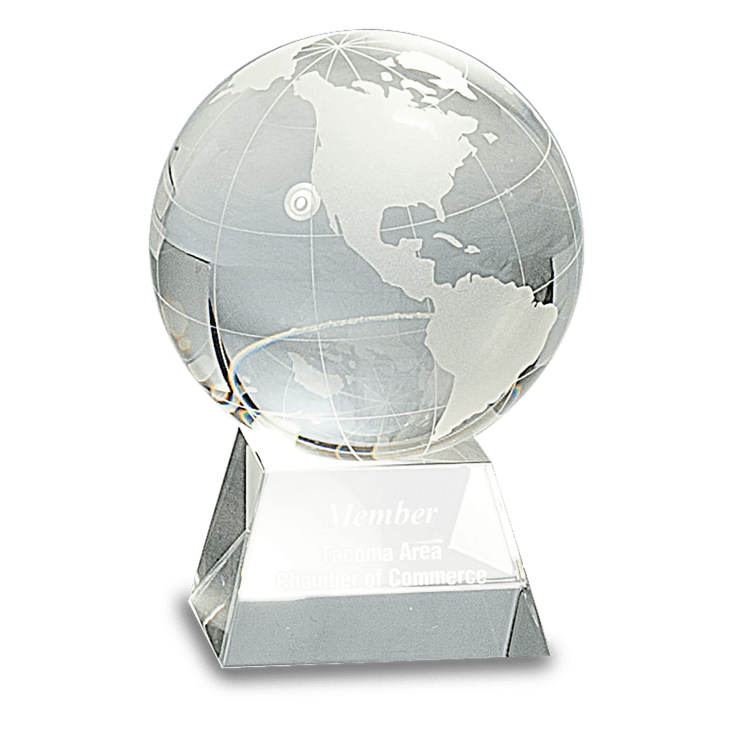 4.5 inch crystal globe award with frosted continents on clear crystal base