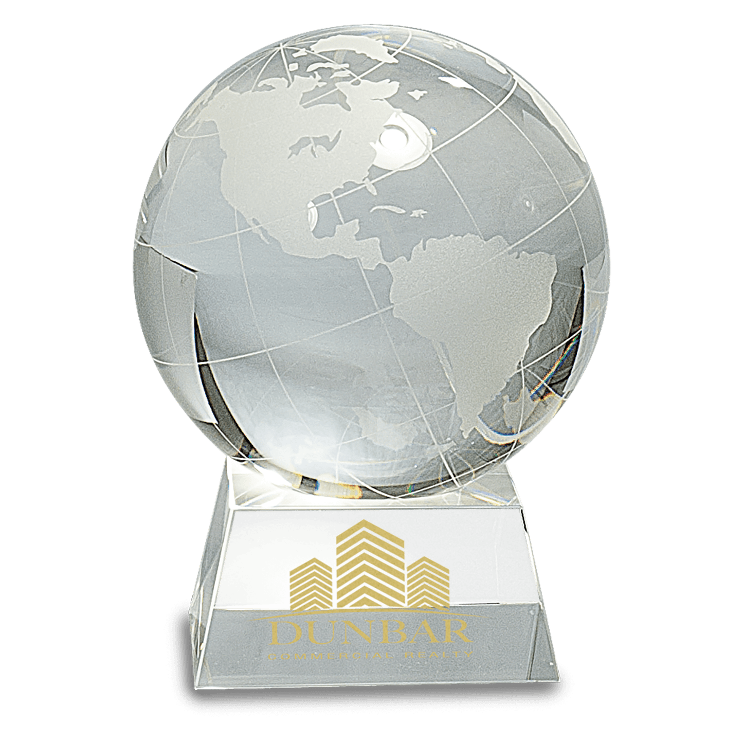 5.5 inch crystal globe award with frosted continents on clear crystal base