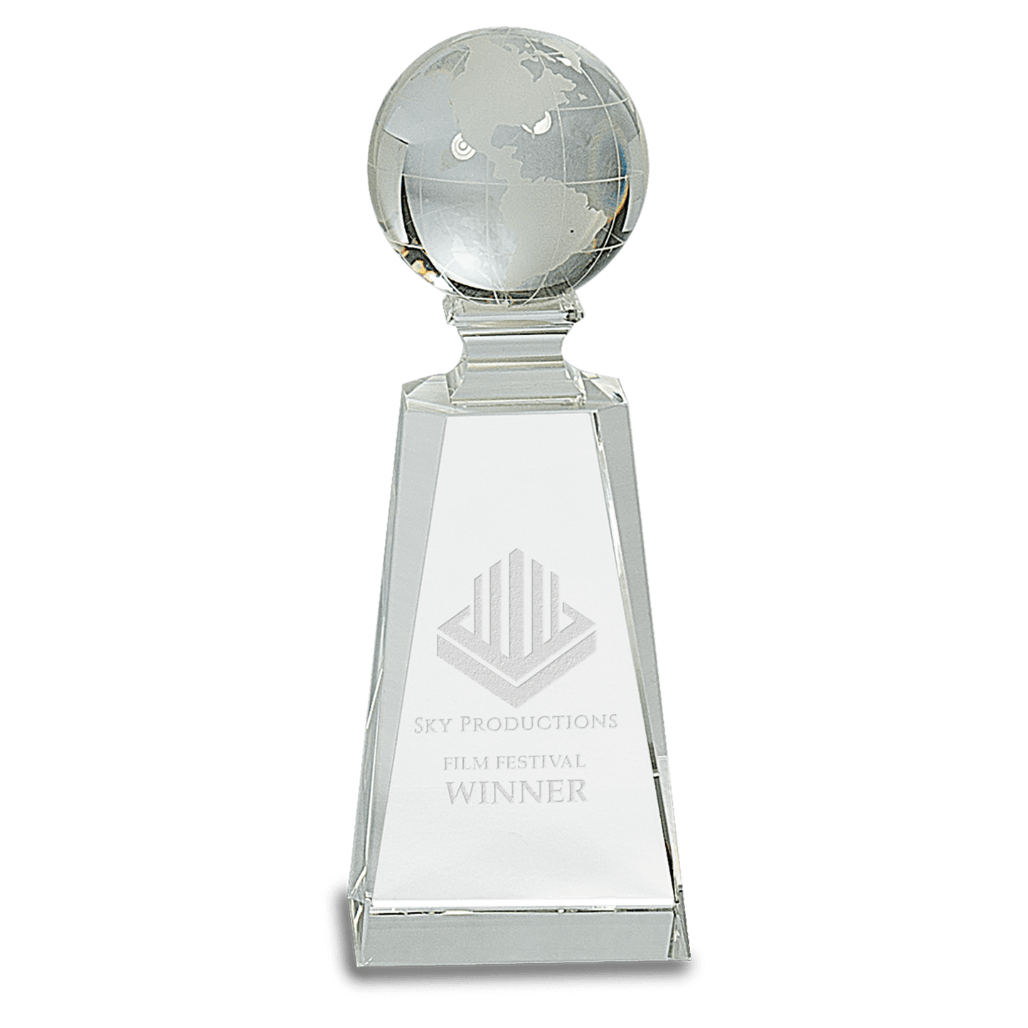 7.75 inch crystal globe award on tall clear crystal tower
