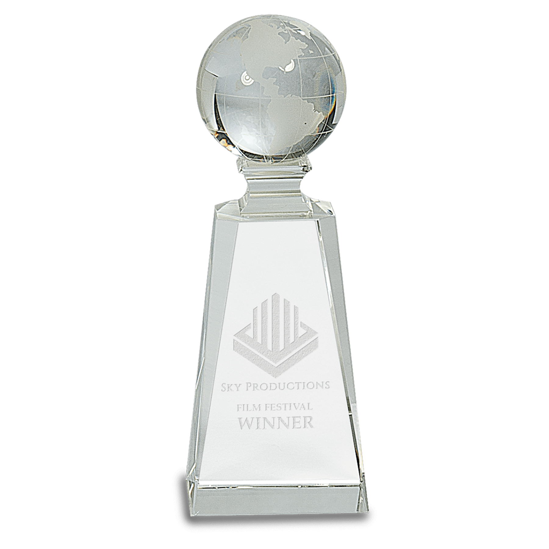 7.75 inch crystal globe award on tall clear crystal tower