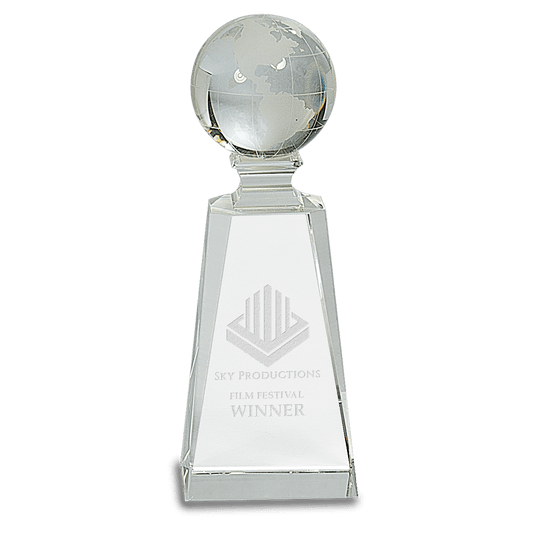 7.75 inch crystal globe award on tall clear crystal tower