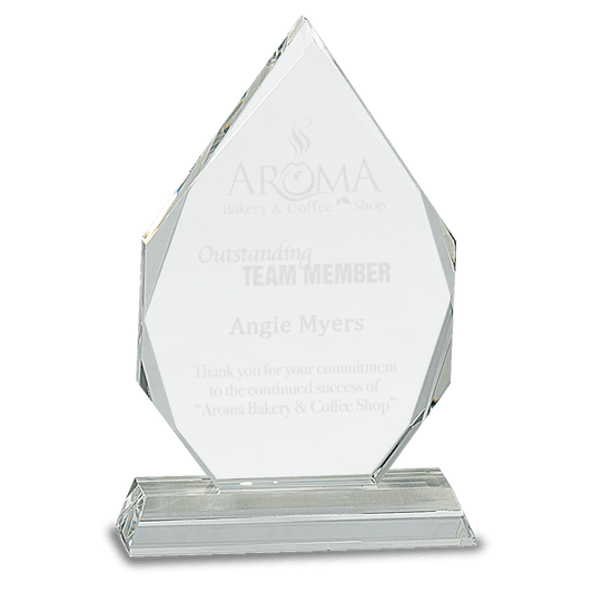 7" Crystal Diamond on Clear Pedestal Base — engravable optical crystal award