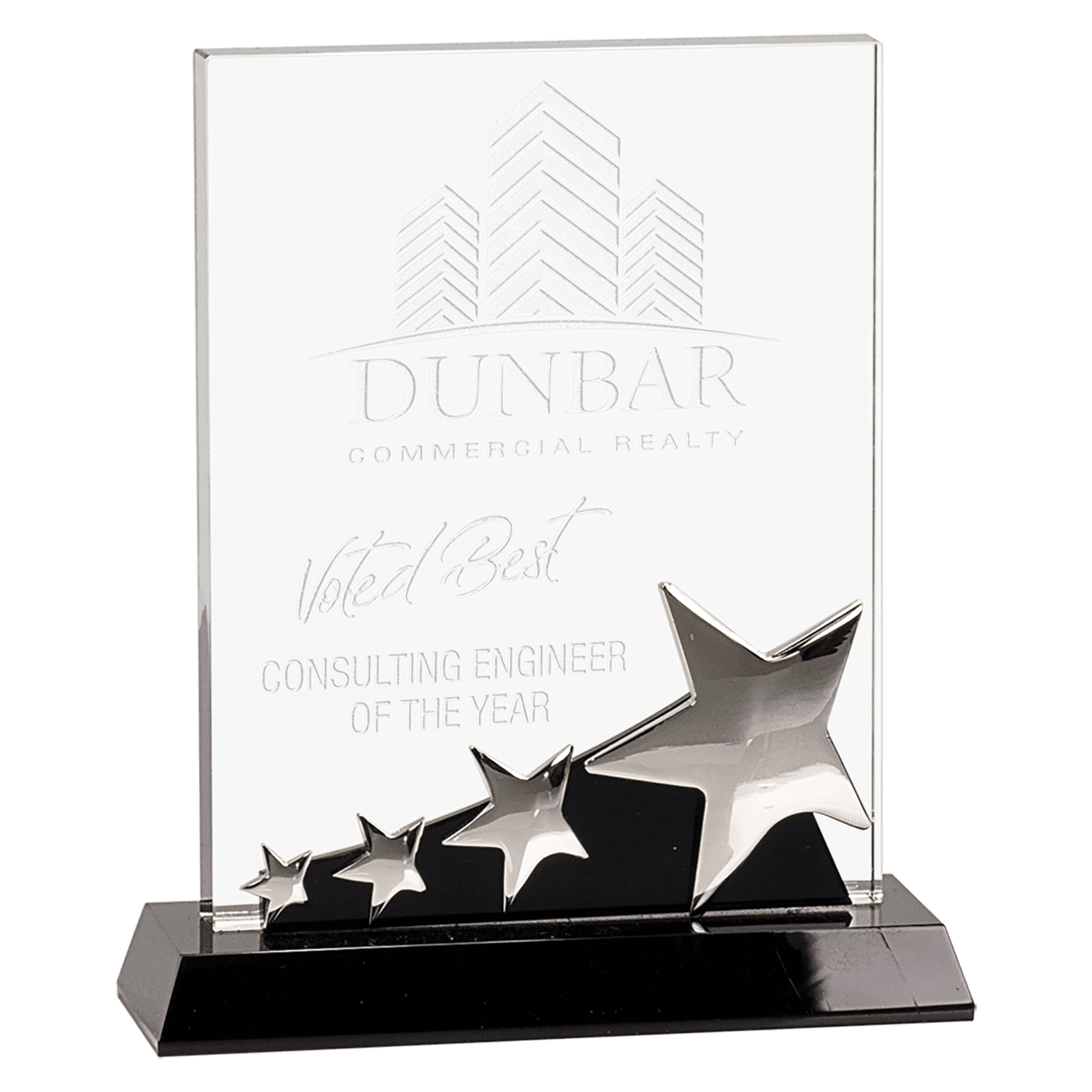 7" Rectangle Crystal with Silver Stars on Black Pedestal Base