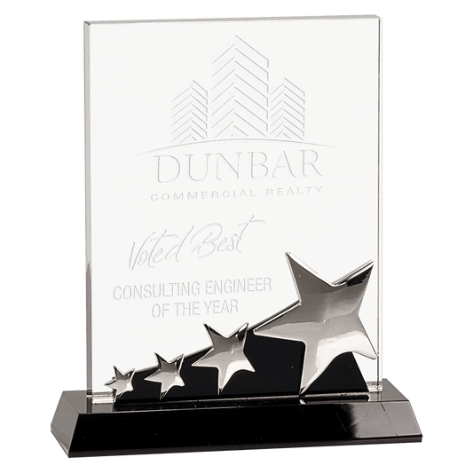 7" Rectangle Crystal with Silver Stars on Black Pedestal Base