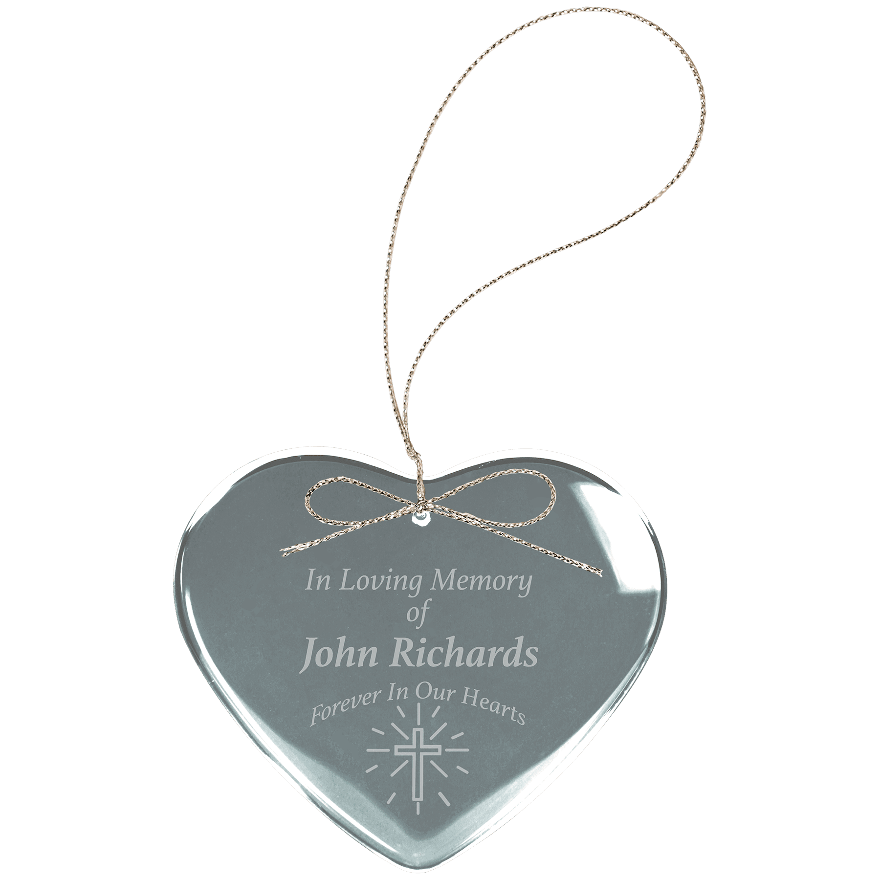 Heart-shaped crystal ornament with engraved text