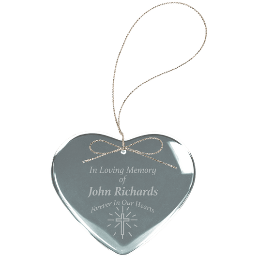 Heart-shaped crystal ornament with engraved text