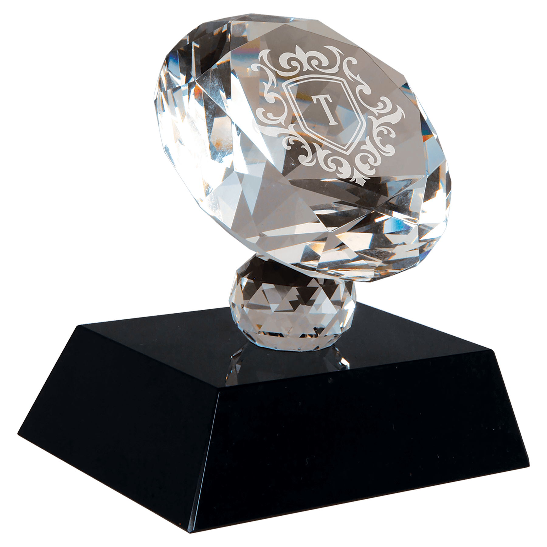 Black 3 1/2" Crystal Diamond on Pedestal Base — engravable optical crystal award