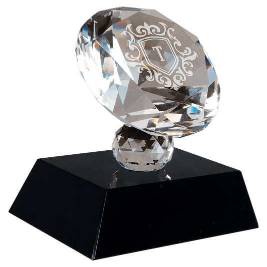 Black 3 1/2" Crystal Diamond on Pedestal Base — engravable optical crystal award