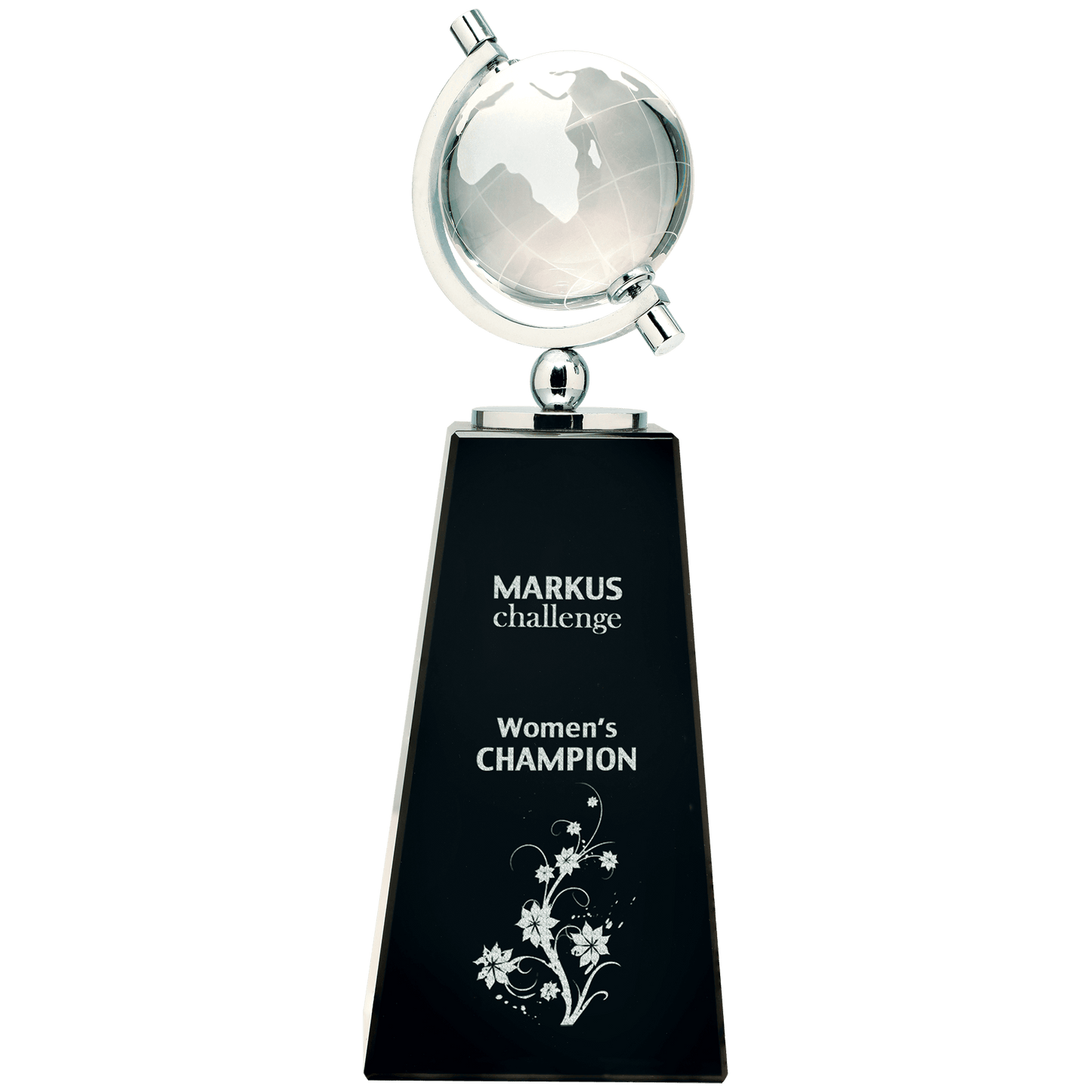 9 inch crystal spinning globe award on tall black pedestal base