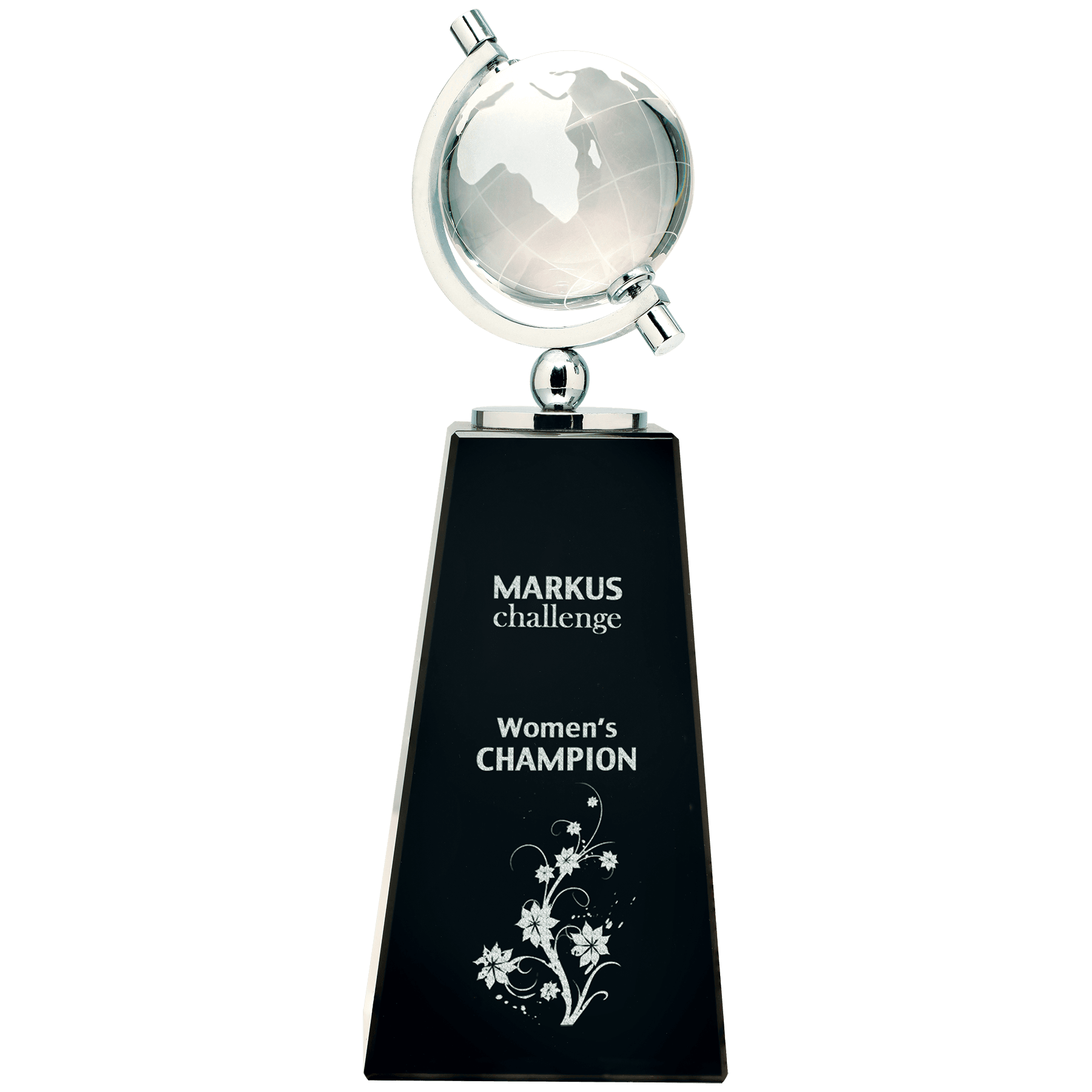 9 inch crystal spinning globe award on tall black pedestal base