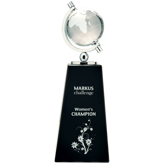 9 inch crystal spinning globe award on tall black pedestal base