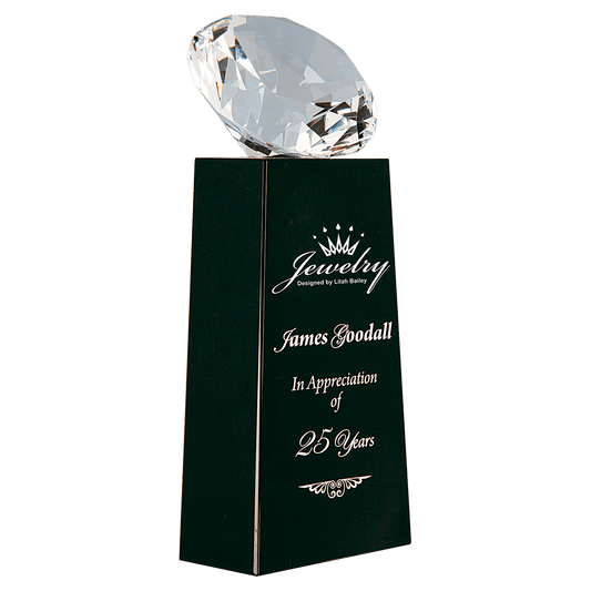 Black 7 3/4" Crystal Diamond on Crystal Pedestal — engravable optical crystal award