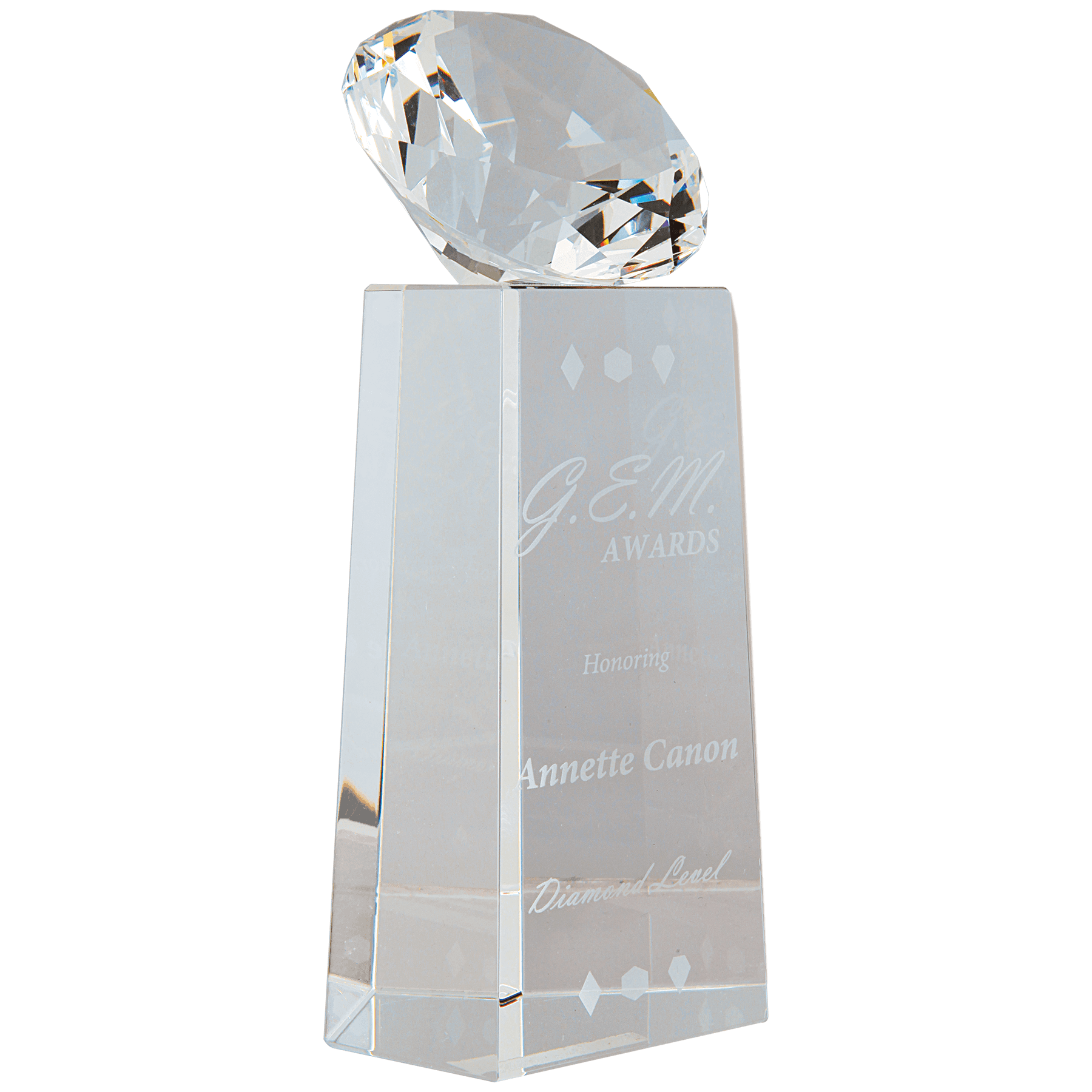 Clear 7 3/4" Crystal Diamond on Crystal Pedestal — engravable optical crystal award