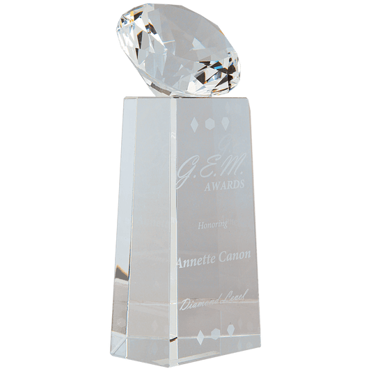Clear 7 3/4" Crystal Diamond on Crystal Pedestal — engravable optical crystal award