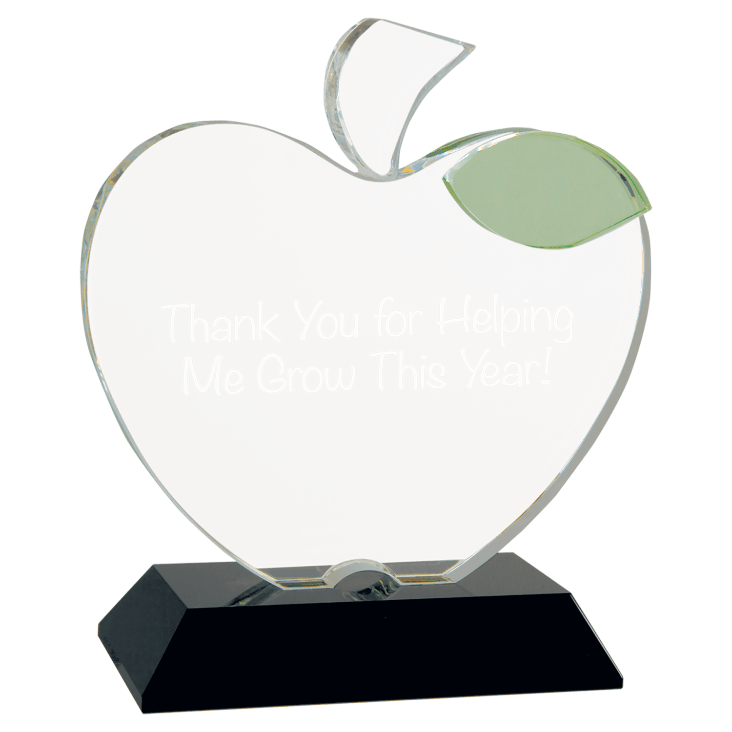 Crystal apple award on black base, 6.25 by 5.5 inches