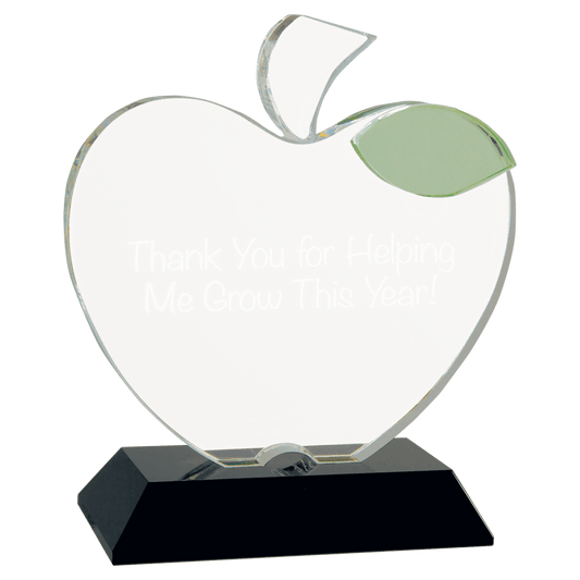 Crystal apple award on black base, 6.25 by 5.5 inches