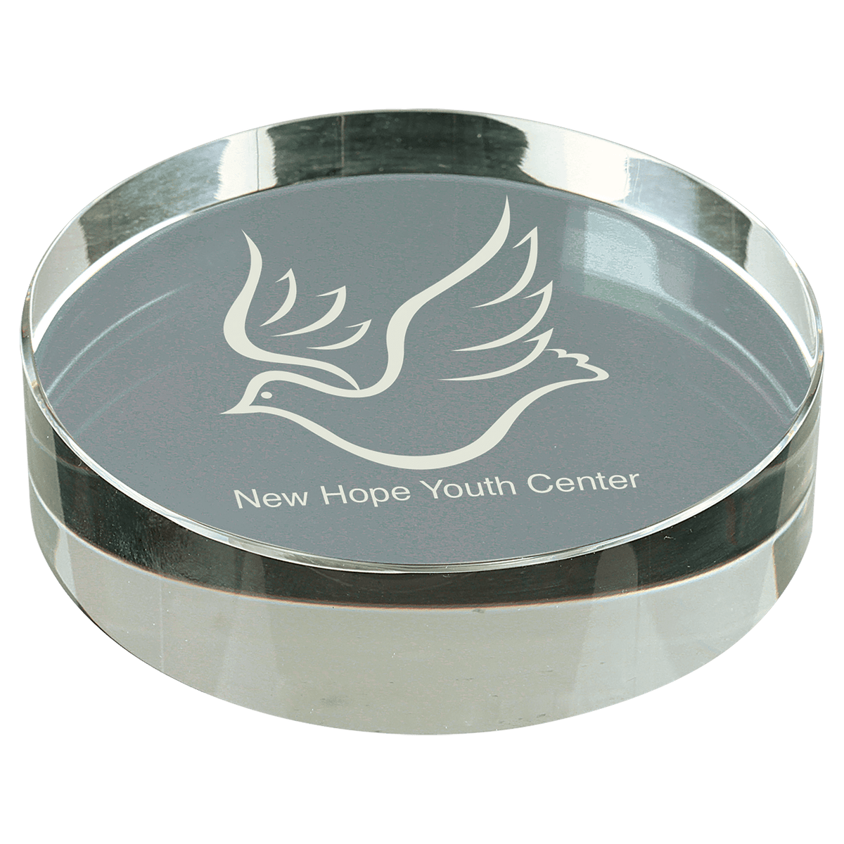 Personalized round beveled optic crystal paperweight