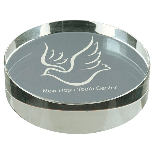 Personalized round beveled optic crystal paperweight