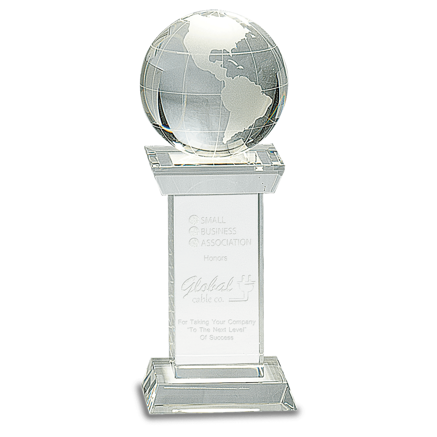 8 inch crystal globe award on tall clear crystal tower