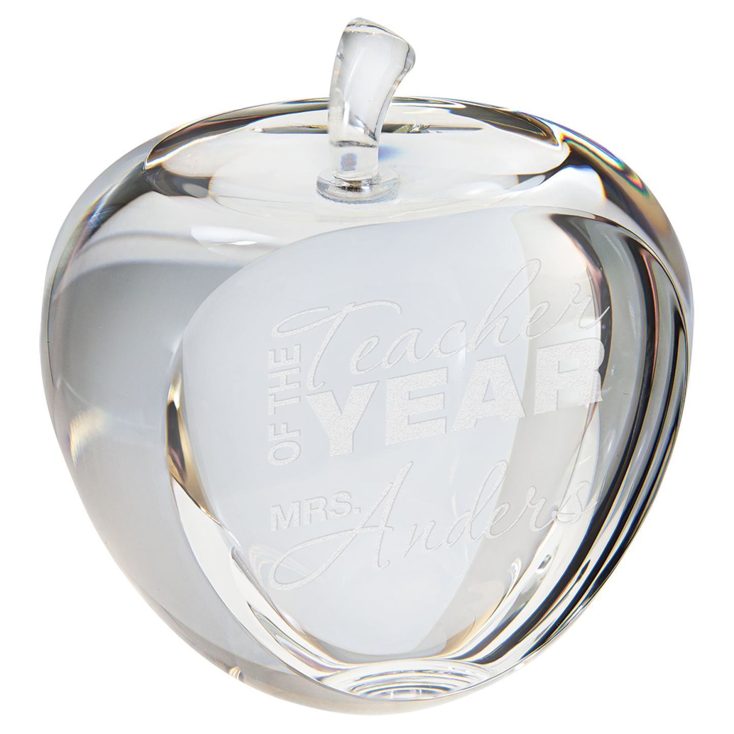Crystal apple award with flat engraving face, 2.75 by 3.75 inches