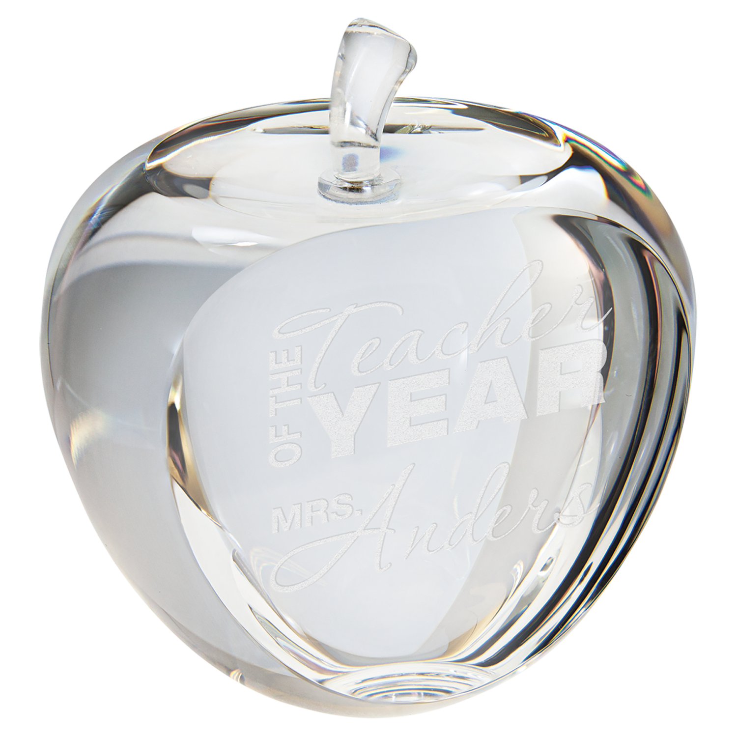 Crystal apple award with flat engraving face, 2.75 by 3.75 inches