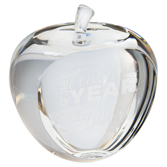Crystal apple award with flat engraving face, 2.75 by 3.75 inches