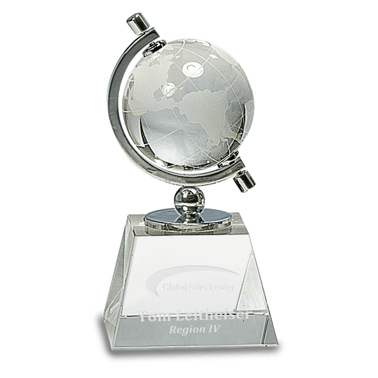 6 inch crystal spinning globe award on clear crystal base