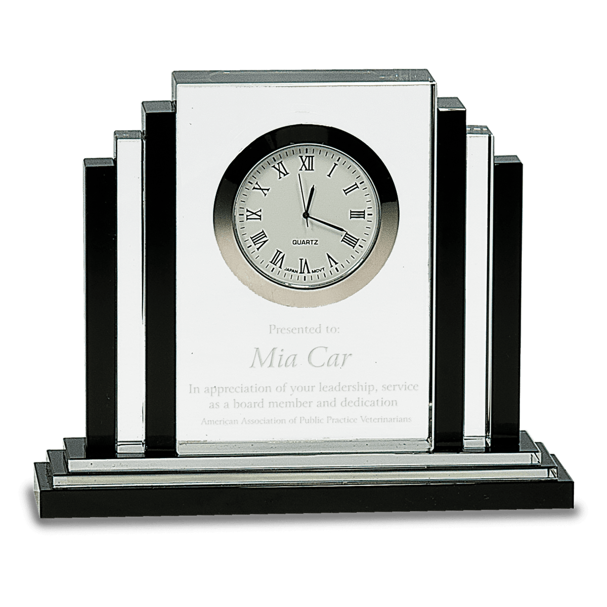 Personalized clear crystal clock with black crystal trim
