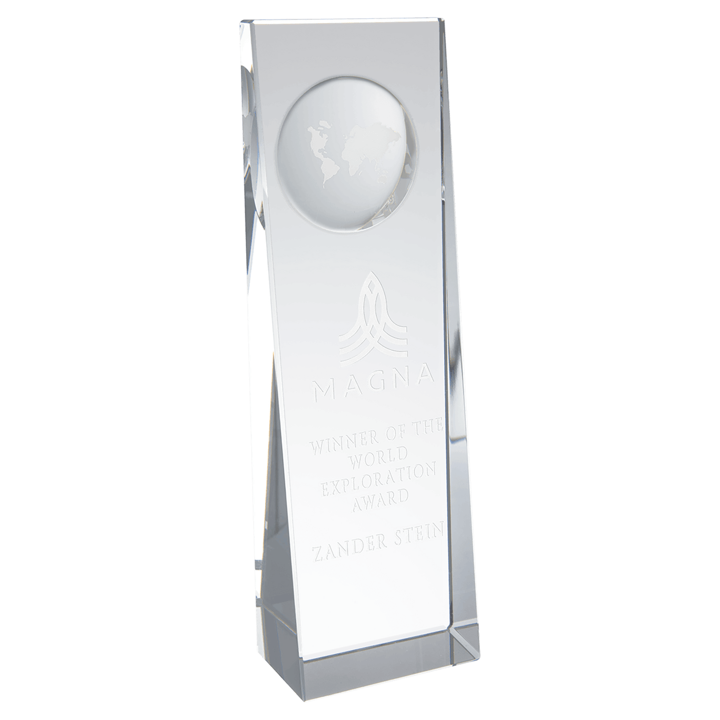 8.75 inch clear crystal slant front rectangle award with engraved globe