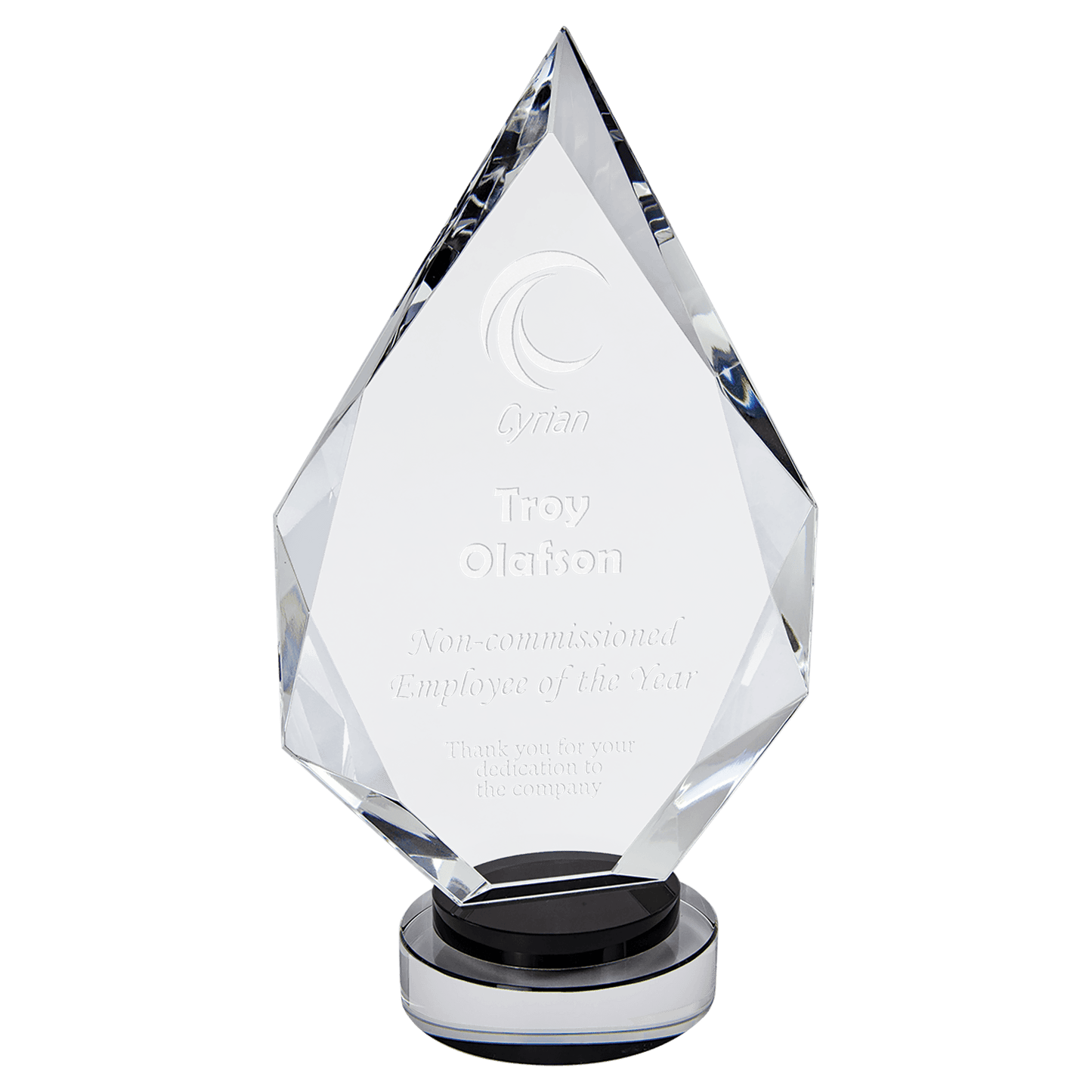10 1/4" Diamond Crystal on Black & Clear Round Base — engravable optical crystal award